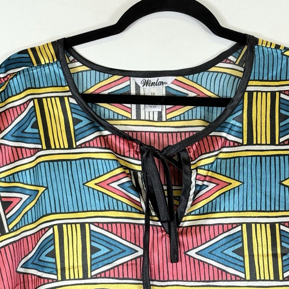 Winlar Vtg Top Women 1X Geometric Satin Vacation Beach Oversized Blouse Boho - Picture 2 of 6